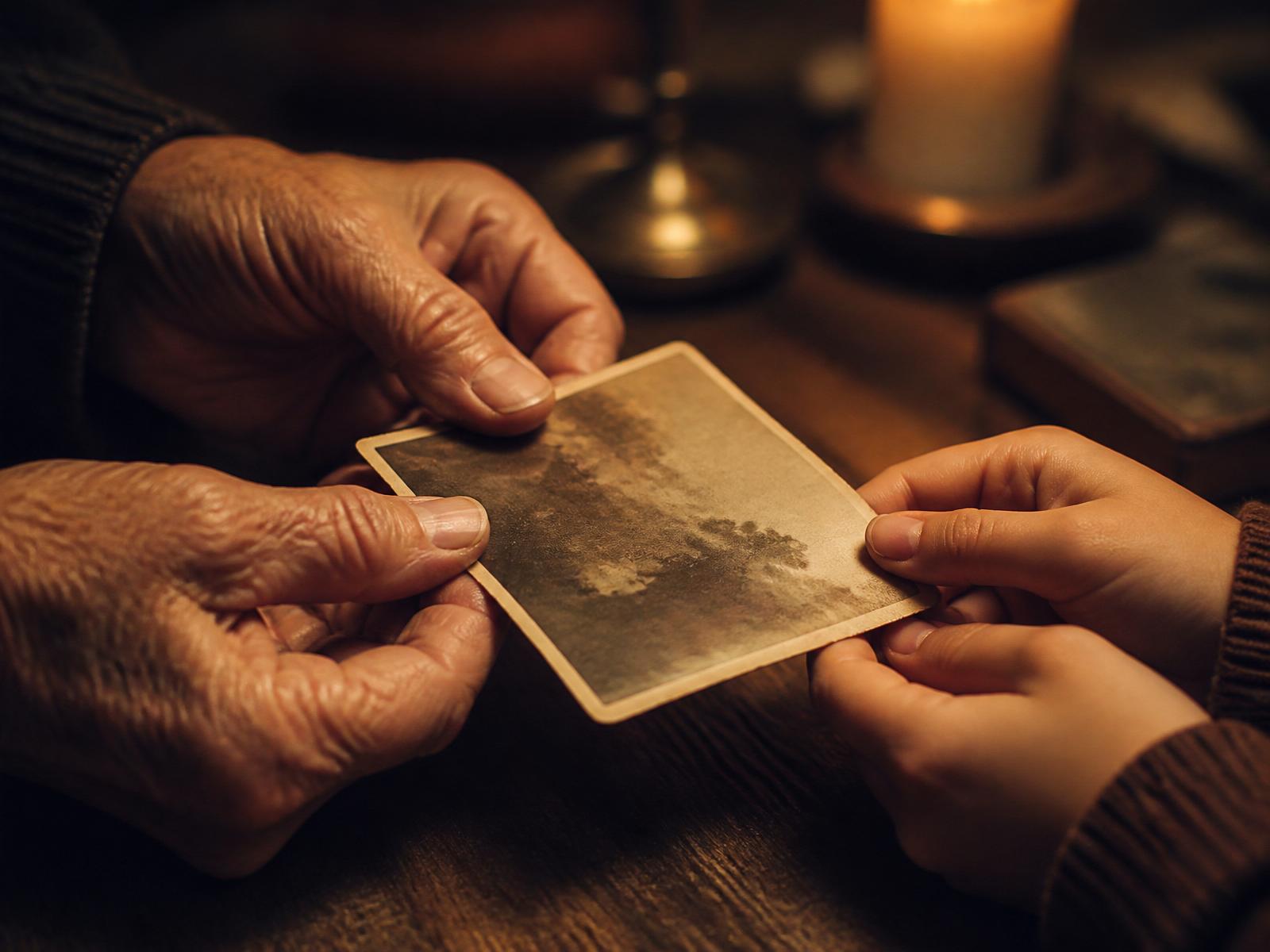 An older pair of hands and a younger pair of hands together holding an old sepia family photograph over a wooden table.
