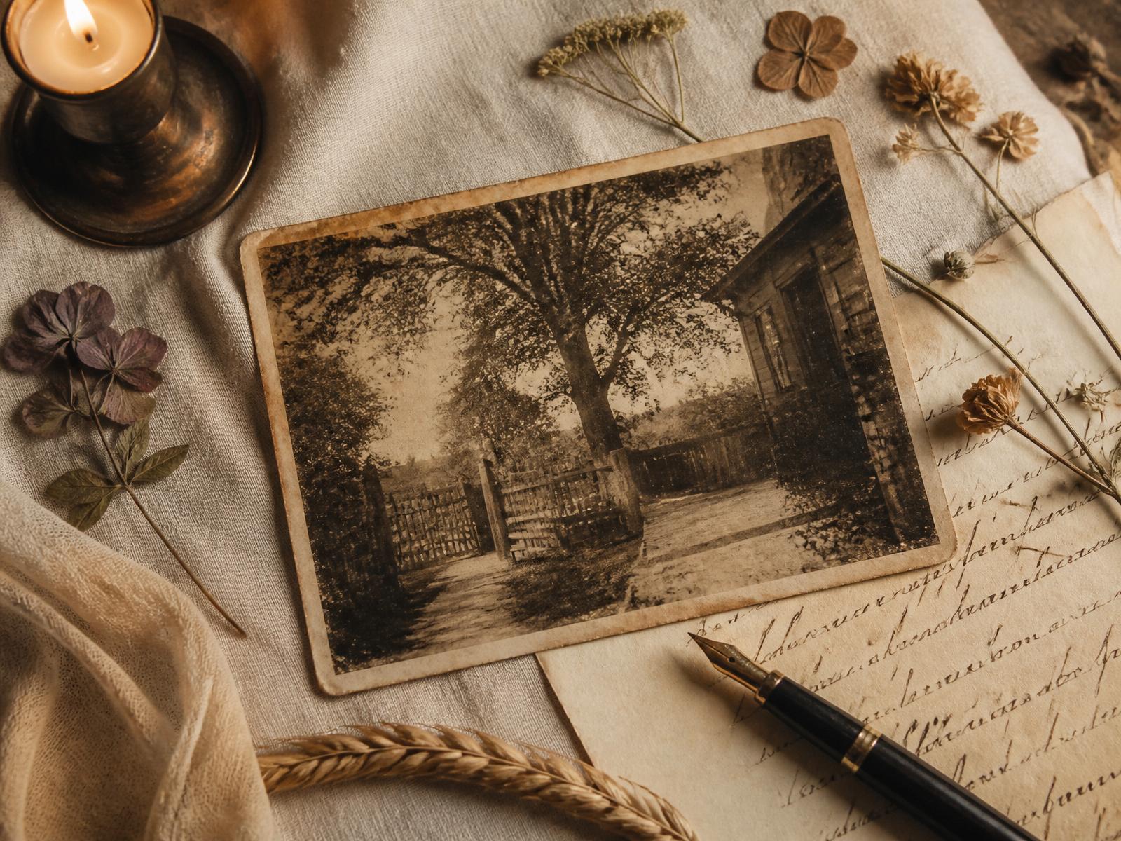 An old sepia photograph resting on linen with pressed flowers, a fountain pen and a handwritten letter — the tactile texture of a hundred years of family memory.